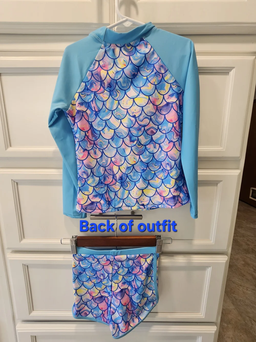 Girls' Blue Mermaid Scale Rashguard Set with Long Sleeve Top & Shorts